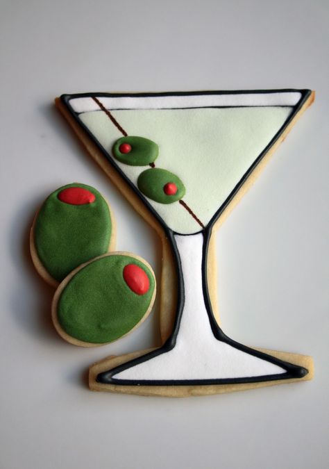 Martini Cookies....Christine Haskel Martini Cookies, Martini Glass Cookies, Red Martini, Martini Party, Wine Cookies, Martini Olives, Royal Icing Transfers, Icing Colors, Fancy Cookies