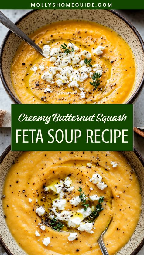 Indulge in the rich and comforting flavors of butternut squash feta soup. This velvety soup combines the sweetness of roasted butternut squash with the tangy notes of creamy feta cheese, creating a delightful harmony of taste in every spoonful. It's a perfect blend of textures, making it both hearty and satisfying. Squash Feta Soup, Zucchini Butternut Squash Soup, Butternut Feta Soup, Butternut Squash Soup Spicy, Soup With Feta Cheese, Roasted Butternut Squash Soup Recipes Easy, Butternut Squash Feta Soup, Keto Butternut Squash Soup, Squash Soup Recipe Easy