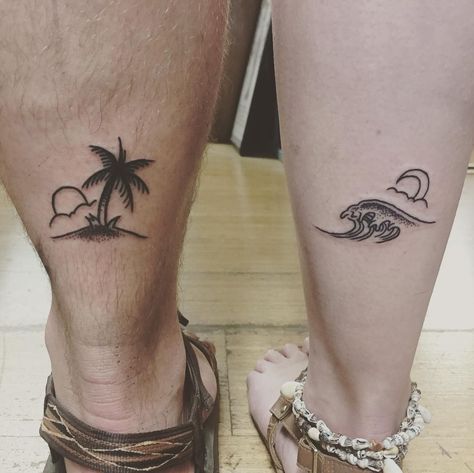 beach inspired couple tattoo © Pa'ia Tattoo Parlor 💘🌊 💘🌊 💘 Hawaiian Tattoos For Couples, Matching Tattoos Beach Theme, Couples Palm Tree Tattoo, Couple Beach Tattoo Ideas, Matching Beach Tattoos Couples, Hawaiian Couple Tattoos, Beach Couple Tattoos, Couples Beach Tattoos, Couple Tattoos Beach