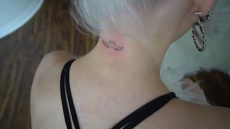 Angel Wings Tattoo On Back Of Neck, Angel Wings Tattoo On Neck, Angel Wings On Neck, Angel Wings Tattoo Neck, Angel Tats, Tattoo Back Of Neck, Wing Neck Tattoo, Halo Tattoo, Wing Tattoos On Back