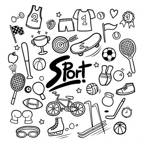 Discover thousands of Premium vectors available in AI and EPS formats Work Out Doodles, Sports Doodle Art, Manly Doodles, Brainstorming Ideas Design, Sports Drawings Easy, Sport Drawing Ideas Art, Sports Doodles, Sport Drawing Ideas, Sports Elements