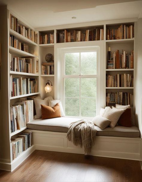 Bookshelf Around Window Office, Bookshelves Window Seat, Bookshelves Around A Window, Books Around Window, Sitting Area In Front Of Window, Built In Bookshelves Around Window Bedroom, Reading Nook And Office, Sitting Room Ideas Cozy Reading Nooks, Bookshelves Under Windows