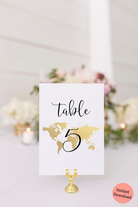 "These travel theme table numbers with a gold world map background include numbers 1 -20. Size 5x7 inches each. These are great for a wedding, baby shower, bridal shower, birthday, anniversary celebration, or any special event! Click the link below to view our collection of matching items ~ https://www.etsy.com/shop/NoeCreates?search_query=TT1 ♥ HOW TO ORDER & PROCESSING TIME ♥ 1. Purchase the listing 2. After payment is cleared, you will get an email with the link to download your file. You World Map Background, Vintage Table Numbers, Map Table, Travel Theme Bridal Shower, Gold World Map, Map Wedding, Gold Map, Wedding Table Names, Map Background