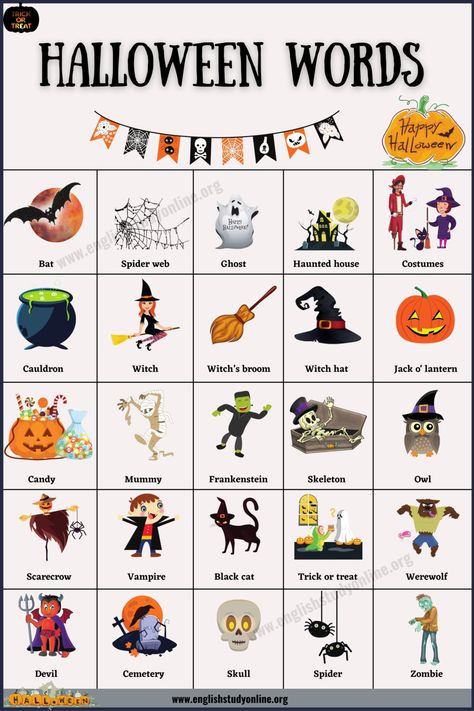 Halloween Words: 25 Interesting Halloween Vocabulary Words - English Study Online Language Halloween Activities Preschool, Halloween Esl Activities, Halloween English Worksheets, Halloween English Activities, Halloween Esl, Halloween Worksheets For Kids, Halloween Games Online, Halloween Worksheet, Halloween Teaching