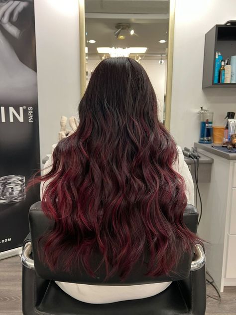 Black Root Burgundy Hair, Dark Red Hair Color Burgundy Wine Highlights, Wine Red Hair With Dark Roots, Indian Red Hair, Burgundy Hair Balayage, Ombre Burgundy Hair, Cherry Red Highlights, Red Hair No Bleach, Above Shoulder Hair