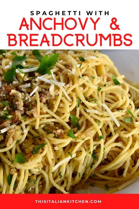 Anchovy Breadcrumb Pasta is a classic Italian recipe made with canned anchovies, toasted breadcrumbs, garlic, and lemon. Toasted breadcrumbs give this pasta an irresistible crunch and the whole dish is ready in less than 30 minutes! #anchovypasta #italianspaghetti Spaghetti With Anchovies And Breadcrumbs, Anchovy Pasta With Garlic Breadcrumbs, Canned Anchovy Recipes, Pasta With Anchovies And Breadcrumbs, Lemon Breadcrumb Pasta, Pasta And Anchovies, Lemon Anchovy Pasta, Recipes Using Anchovies, Breadcrumb Pasta