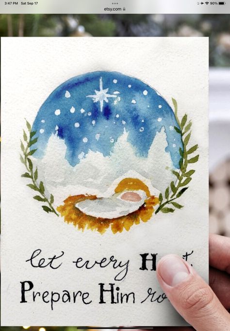 Christian Christmas Cards Handmade, Prepare Him Room, Nativity Christmas Cards, Nativity Painting, Watercolor Christmas Card, Christian Christmas Cards, Painted Christmas Cards, Religious Christmas Cards, Sweet Message