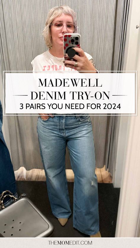 Click through to the blog for the full try-on + review | After a recent trip to Madewell, these 3 pairs of jeans came home as winners for fall 2024. | #TheMomEditStyle #FashionBlog #Madewell #DenimTryOn #DenimReview #WideLegJeans #CuffedJeans #JeansOutfit Madewell 90s Straight Jeans Outfits, Madewell Stovepipe Jeans Outfit, Jeans Fall 2024, Madewell Jeans Outfit, Madewell Fall, Madewell Outfits, Straight Jeans Outfit, Wedgie Jeans, Madewell Style