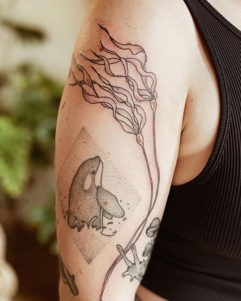 Shoulder Tattoo Ocean Theme, Tofino Tattoo Ideas, Polly Nor Tattoo, Bull Kelp Drawing, Giant Kelp Tattoo, Tofino Tattoo, Bull Kelp Tattoo, Kelp Tattoo Seaweed, Ocean Shoulder Tattoo