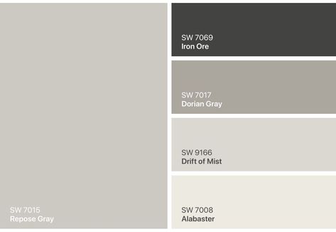 Modern Grey Color Palette, Alabaster And Iron Ore Exterior, Black And Grey Color Palette, Paint Color Ideas, Farmhouse Paint Colors, Pintura Exterior, Paint Color Inspiration, House Color Palettes, Exterior Paint Color