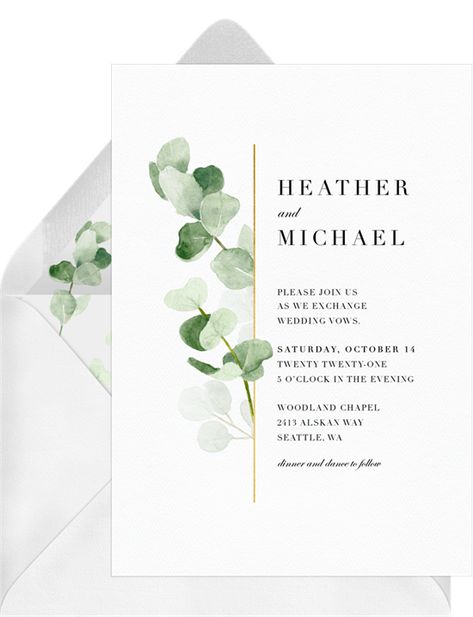 Touch Of Eucalyptus Invitations | Greenvelope.com Wedding Invitations With Eucalyptus, Wedding Invitations Eucalyptus Design, Wedding Virtual Invitations, Wedding Invitations Eucalyptus, Eucalyptus Invitation, Wedding Invitations Design, Gala Invitation, Digital Invitations Wedding, Eucalyptus Wedding Invitation