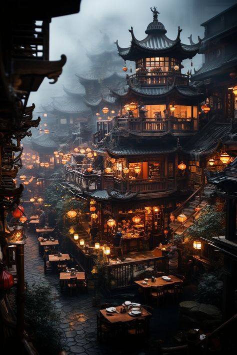 Old Chinese Architecture, Chinese Fantasy Aesthetic, Fantasy Chinese City, Chinese Skyscrapers, Chinese City Aesthetic, Chinese Art Aesthetic, Chinese Restaurant Aesthetic, Asian Fantasy Art, Old Chinese Art