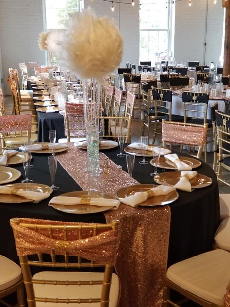 Black Table Cloth With Rose Gold Runner, Rose Gold With Black Decorations, Black And Rose Gold Rustic Wedding, Black Sequin Table Runner, Black And White And Rose Gold Wedding, Black And Rose Gold Table Decor, Black Rosegold Decoration Birthday, Rose Gold And Black Decorations, Rose Gold And Black Decor