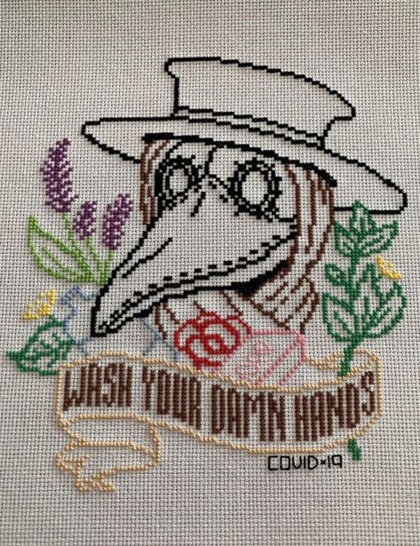 I see this and hear Cardi B shouting 'coronaaaavviiiiiiiirrruuuussss'! Subversive Cross Stitch, Cross Stitch Funny, Plague Doctor, Cross Stitch Ideas, Stitch Ideas, Embroidery Cross Stitch, Stitching Art, Embroidery Cross, Embroidery Inspiration