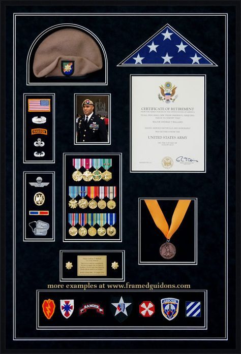 Gallery – Custom Military Shadow Box Examples - Framed Guidons                                                                                                                                                      More Jrotc Shadow Box Ideas, Retirement Shadow Box Ideas, Military Frames, Military Retirement Parties, Army Retirement, Shadow Box Ideas, Military Crafts, Military Shadow Box, Military Awards