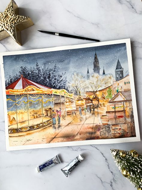 Christmas Market Painting, Market Painting, Night Watercolor, Female Painters, Night Landscape, Watercolor Landscape Paintings, Watercolor Paintings Tutorials, Watercolor Christmas, Night Scene