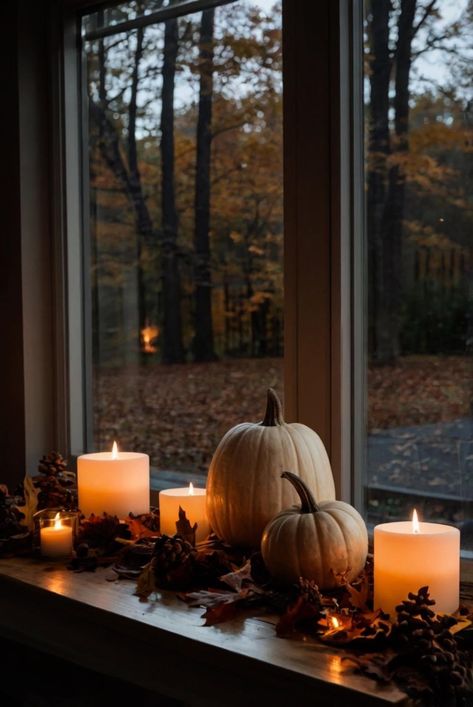 Pumpkin Living Room, Autumn Aesthetic House Interior, Home Decor Thanksgiving, Fall House Inspiration, Autumn Interior Aesthetic, Cosy Autumn Home, Fall Decor Window Sill, Hygge Autumn Aesthetic, Autumn Colour Living Room