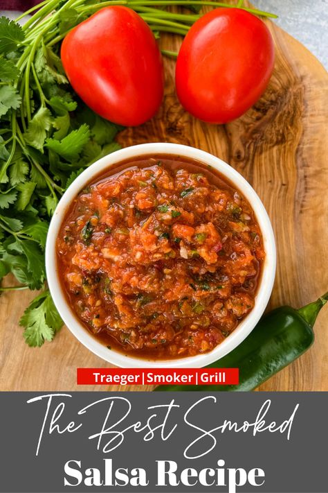 Smoked Tomato Salsa, Canning Smoked Salsa, Smoked Salsa Recipe Traeger, Smoker Salsa Recipe, Smoker Salsa, Smoked Salsa Traeger, Smoked Salsa Recipe Canning, Dips On Smoker, Smoky Salsa Recipe