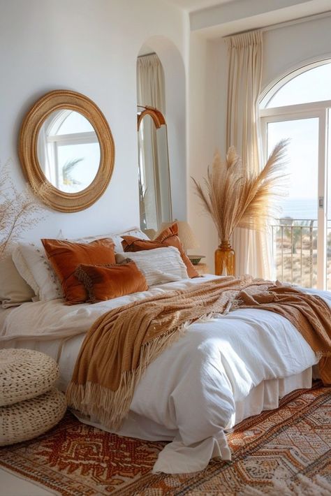 Ocean Inspired Bedroom, Boho Coastal Bedroom, Sunburst Mirrors, Coastal Bedroom Ideas, Modern Bohemian Bedroom, Neutral Bedroom Decor, Beach House Bedroom, Canopy Bedroom, Bedroom Bliss