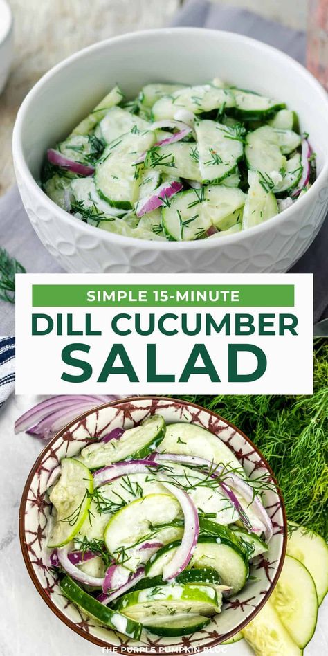 Dill Cucumber Salad looks, smells, and tastes delicate, fresh, and scrumptious! It takes just 15-minutes to make using Greek yogurt, sour cream, lemon juice, dill, garlic, cucumbers, and red onion. Ideal as a side dish at BBQs or summer parties. What To Do With Dill, Dill Uses, Cucumber Sides, Cucumber Olive And Dill Salad, Recipes With Cucumbers, Garlic Cucumbers, Fresh Cucumber Recipes Summer Salads, Cucumber Salad With Greek Yogurt, Sweet Cucumber And Onion Salad