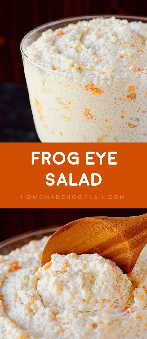 Frog Eye Salad! A creative fruit salad that combines savory acini de pepe pasta, sweet fruit, and a creamy fruit juice custard. A unique treat for all parties or holidays! | HomemadeHooplah.com Creative Fruit Salad, Frog Eye Salad, Frog Eye, Jello Salad, Salad Pasta, Sweet Fruit, Fruit Dishes, Fruit Salad Recipes, Noodle Salad