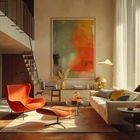 Mid Century Modern Living Room Yellow Couch, Red Mid Century Modern Living Room, Modern Living Room Orange Sofa, Mid Century Living Room Orange Sofa, Mid Century Modern Yellow Couch, Cozy Eclectic Living Room, Academia Interior, Eclectic Mid Century Modern, Mid Century Modern Eclectic