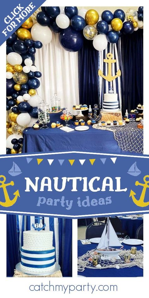 Check out this cool nautical 60th birthday party! The cake is fantastic! See more party ideas and share yours at CatchMyParty.com Yacht Party Decorations Birthday, Beach Themed 60th Birthday Party, Cruise Birthday Party Theme, 50th Birthday Yacht Party, Yatch Decor Birthday, Nautical Birthday Theme, Nautical Cakes Ideas, Sailor Theme Party For Adults, Anchor Birthday Party Decorations