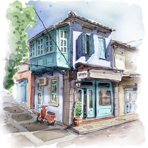 Study Sketches Drawing, Perspective Drawing Watercolor, Loose Painting Watercolor, Watercolor Perspective, Perspective Building Drawing, Building Watercolor, Watercolor Buildings, Perspective Pictures, Town Drawing