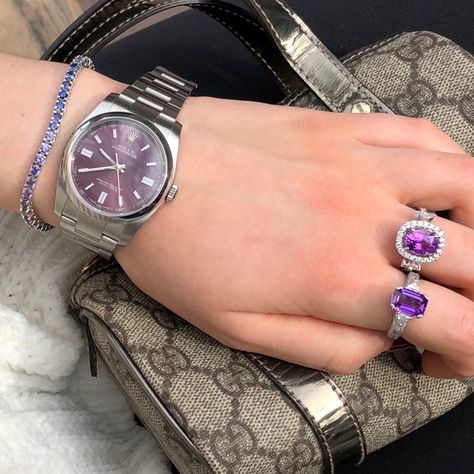 Women’s Rolex Stack, Rolex Purple, Pink Face Rolex Watch, Purple Rolex Watches, Purple Watches Women, Purple Analog Watch, Rolex Bracelet, Purple Watch, Rolex Watches Women