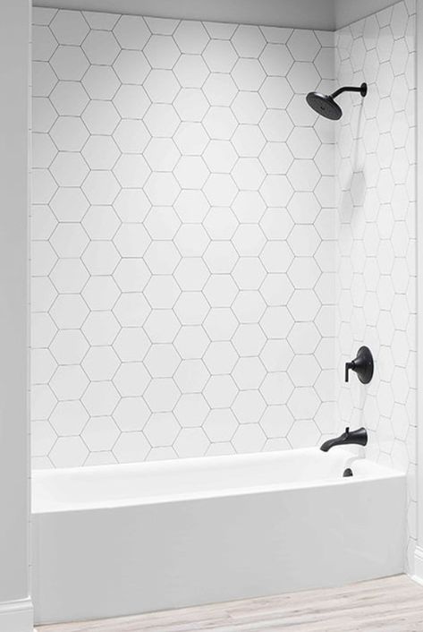 Bathroom Tile Ideas Shower Tub Surround Interior Design, Tile Tub Surround Bathroom, Tub Tiles Ideas, Hex Tile Tub Surround, Bathtub White Tile, Bathtub Tiles Ideas, Bathroom Floor And Tub Tile Ideas, Hexagon Tile Tub Surround, Bathtub And Tile