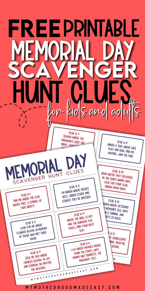 memorial day scavenger hunt riddles    Looking for Memorial Day Scavenger Hunt printable? Well, you’re in luck! Keep reading to grab a copy of our FREE Printable Memorial Day Scavenger Hunt PDF with Riddles and Clues! Nursing Home Crafts, Scavenger Hunt Riddles, Memorial Day Activities, Memorial Day Coloring Pages, Scavenger Hunt Printable, Memorial Day Decorations, Picture Clues, Mom Entrepreneur, Word Search Puzzles