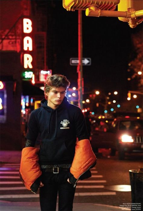 Jordan Barrett and Jacob Morton for SummerWinter Magazine: Night Time Photoshoot, Time Photoshoot, Night Photography Portrait, Shirt Reference, Photography Prompts, Neon Photoshoot, Night Photoshoot, Jordan Barrett, Night Shoot