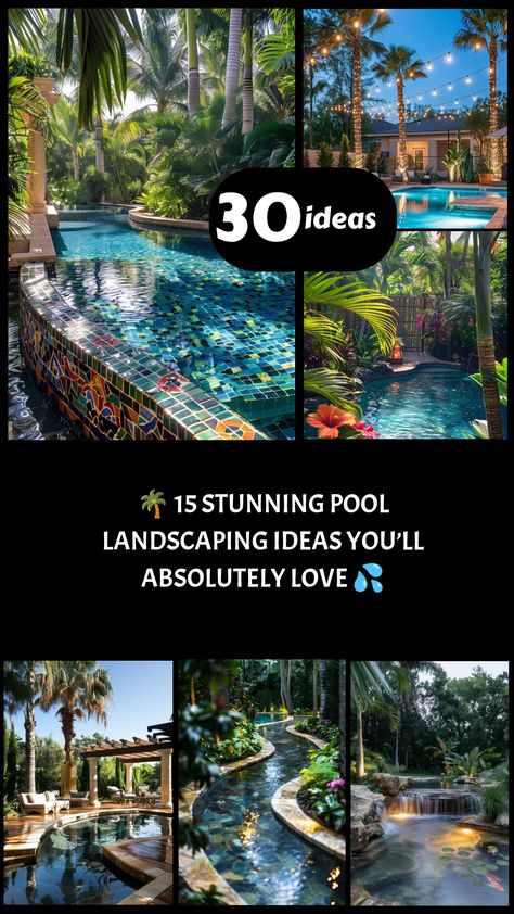 Transform your backyard into a dreamy oasis with these 15 gorgeous pool landscaping ideas! From lush greenery to sleek modern designs, discover stunning inspirations to make your pool area the ultimate retreat. Perfect for any style or budget! 🏖️ #PoolLandscaping #BackyardGoals #OutdoorDesign Freeform Pools With Tanning Ledge, Tropical Garden With Pool, I Ground Pool Backyard, Freeform Pool Designs With Tanning Ledge, Country Pool Ideas, Tropical Landscaping Around Pool, Pool Waterfall Wall, Cocktail Pools Ideas, Landscape Ideas Around Pool