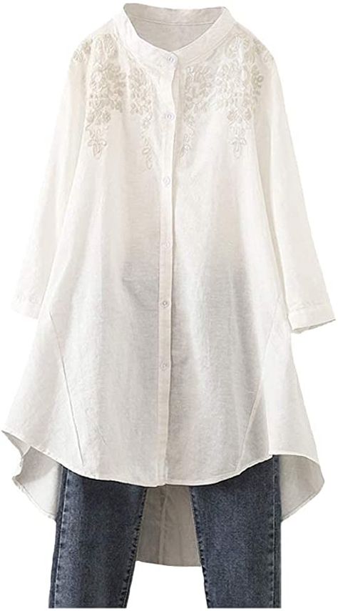 Minibee Women's Cotton Linen Shirt High Low Button Down Embroidered Blouse Long Sleeve Tunic Tops : Clothing, Shoes & Jewelry Linen Tunics For Women, White Linen Shirt, Embroidered Tunic Top, Shirt Casual Style, Blouse Long Sleeve, Linen Tunic, Linen Top, Long Sleeve Tunic, Unique Outfits