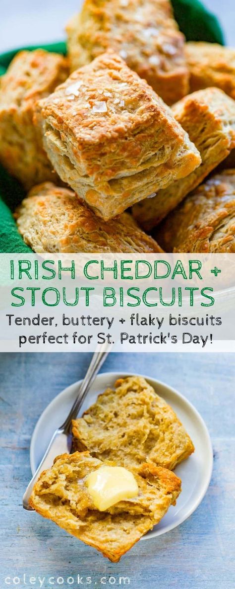 These Irish Cheddar + Stout Biscuits are light, flaky, and perfect for St. Patrick's Day! #Irish #cheddar #beer #stout #guinness #easy #recipe #bread #biscuits #stpatricksday #side | ColeyCooks.com Irish Cheddar Scallion Biscuits, Irish Cheddar Recipes, St Patricks Day Sourdough, Irish Boxty Recipe, Irish Cheese Dip, Irish Biscuits, Irish Party Food, Irish Brunch, Irish Breads