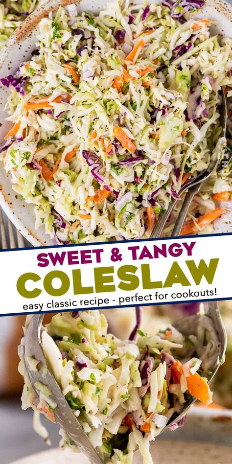 This classic and easy Coleslaw Recipe is made with crisp cabbage and carrots in a creamy, sweet and tangy homemade dressing! Perfect to make ahead, and great as a side dish or on top of a bbq sandwich! Sweet And Tangy Coleslaw, Tangy Coleslaw Recipe, Easy Coleslaw Recipe, Tangy Coleslaw, Best Coleslaw Recipe, Cabbage And Carrots, Easy Coleslaw, Coleslaw Recipe Easy, Slaw Dressing