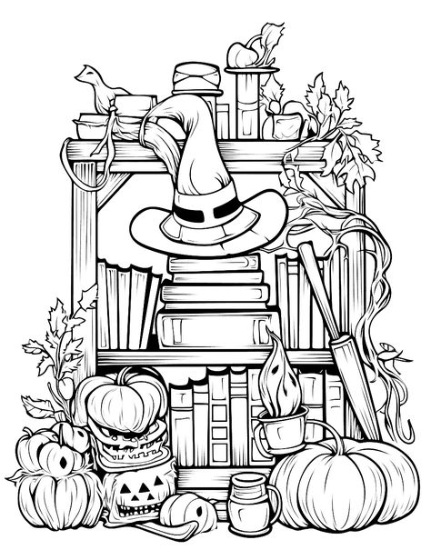 Witch's Library Coloring Page - A detailed library scene showing a witch’s collection of magical books, potions, and artifacts. Spooky Coloring Pages Free Printable, Spooky Halloween Coloring Pages, Halloween Coloring Pages Free Printable, Halloween Coloring Pages For Adults, Library Scene, Zicxa Photos, Halloween Coloring Pages For Kids, Magical Books, Coloring Stuff