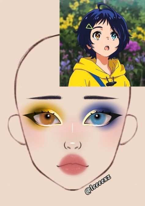 Simple Anime Makeup Looks, Makeup Base Drawing, Anime Make Up Ideas, Kawaii Anime Makeup Looks, Makeup Ideas Anime, Manga Eye Makeup Tutorial, Anime Makeup Looks, Anime Inspired Makeup, Disney Eye Makeup