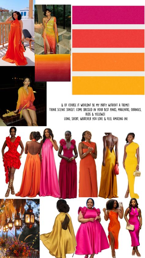 Glam Color Scheme, Sunset Color Outfit, Vermillion Color, Orange Color Combinations, Sunset Color Palette, Color Clothes, Sunset Color, Sunset Colors, Colourful Outfits