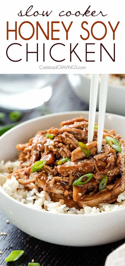 Slow Cooker Honey Soy Chicken is one of our family favorites with the most incredible sauce! Super easy and way better than takeout! Slow Cooker Honey Chicken, Healthy Crockpot Chicken, Chicken Slowcooker, Chicken Thights Recipes, Honey Soy Chicken, Crockpot Chicken Healthy, Soy Chicken, Easy Crockpot Chicken, Carlsbad Cravings