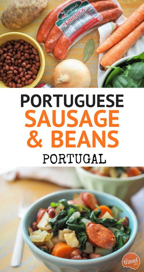 Portuguese Sausage And Beans ~ What I love about this meal is it's rustic simplicity.  From my friend Nelson's cookbook with a wonderful collection of stories about life and food in Portugal.  http://thetravelbite.com Portuguese Sausage Recipe, Sausage Skillet Dinner, Food In Portugal, Sausage And Beans, Portuguese Sausage, Sausage Skillet, Sausage Recipe, One Dish Dinners, Culinary Travel