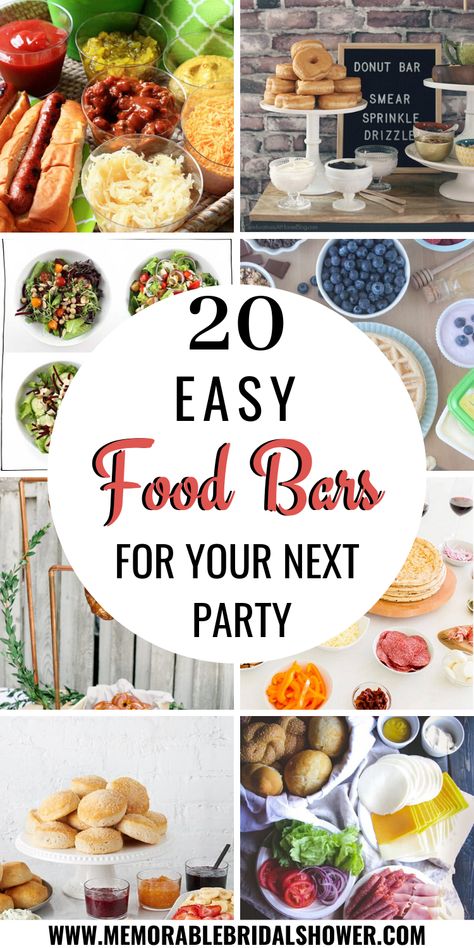 20 easy food bar ideas that are perfect for any party or event. From bridal showers, baby showers, birthday parties, graduation parties to an evening with family and friends, food bars will sure be a hit. #foodbars #foodbarideas #appetizers #snacks #partyfood #buffet #easyfoodbars Lunch Party Menu, Birthday Party Meals, Food Bar Ideas, Party Food Bars, Party Food Bar, Lunch Party, Party Food Themes, Food Bars, Lunch Buffet