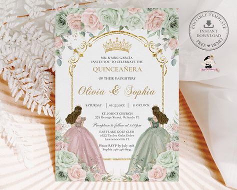 Invitations Quinceanera, Princess Invitation, Quince Invitations, Butterfly Invitations, Green Roses, Debutante Ball, 16th Birthday Invitations, Sage Green Floral, Pretty Watercolor