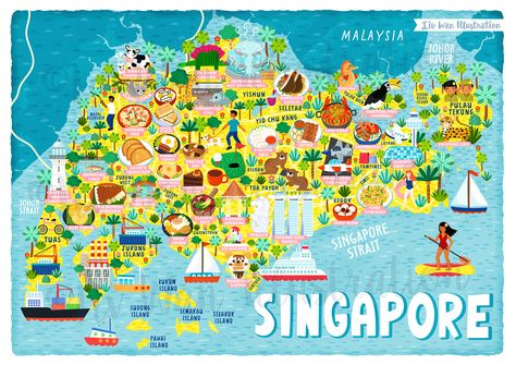 Beautiful illustrated Singapore food map. This map is packed with all the delicious food, cute animals and all the fun things of Singapore. Singapore Map Art, Singapore Map Illustration, Food Map Illustration, Map Of Singapore, Map Art Illustration, Singapore Island, Singapore Map, Food Map, Illustrated Maps