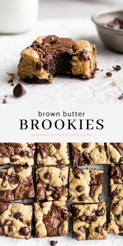 Brookies Recipe, Brown Butter Chocolate Chip, Fudgy Brownie Recipe, Fudgy Brownie, Browned Butter, Easy Baking Recipes Desserts, Sweet Snacks Recipes, Fun Baking Recipes, One Pan