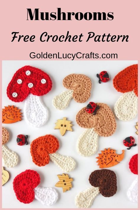 Learn how to make this crochet mushroom applique! This cute mushroom has heart-shaped cap and embellished with buttons. Free crochet pattern, #crochetmushroom, #crochetapplique, #crochetpattern Crochet Mushroom Applique, Mushroom Applique, Cute Mushrooms, Crochet Plants, Crochet Appliques, Crochet Sheep, Fall Crochet Patterns, Crochet Mushroom, Crochet Coaster Pattern