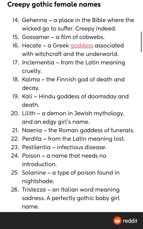 Creepy Gothic female names Gothic Female, Kali Hindu, Goddess Names, Villain Names, Edgy Girls, Female Demons, Female Villains, Roman Goddess, Italian Words