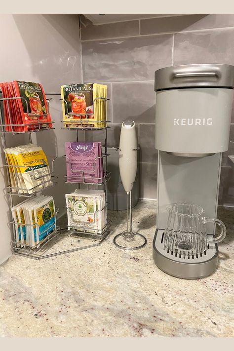 Coffee Bar Keurig, Keurig Coffee Station Aesthetic, Tea Bar Organizer, Tea And Coffee Bar Ideas, Coffee Station Cart Ideas, Tea Bar Set Up, Tea Maker Aesthetic, Tea Counter Station, Coffee Tea Station Counter