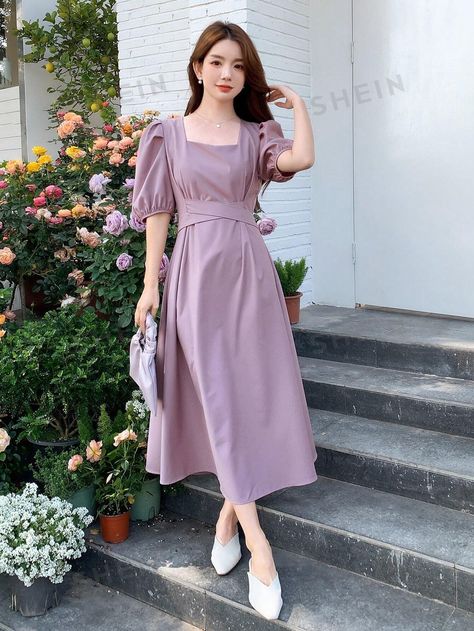 DAZY Women's Solid Colored Square Neck Puff Sleeve Dress | SHEIN Shein Vest, Square Neck Puff Sleeve Dress, Lilac Dresses, Folding Clothes, Puff Sleeve Dress, Lilac Dress, Long Skirts, Women Midi, Puffed Sleeves Dress