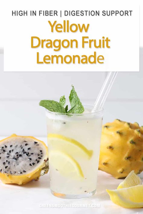 Yellow dragon fruit lemonade is made from this unusual and delicious tropical fruit that tastes like kiwi, is sweeter than pink dragon fruit and, like its pink cousin, has a lot of digestive health benefits. Enjoy this dragon fruit in a sweet lemonade recipe. White Dragon Fruit Recipe, White Dragon Fruit Recipes, Yellow Dragon Fruit Recipes, Sweet Lemonade Recipe, Dragon Fruit Drink, Dragon Fruit Lemonade, Dragon Fruit Juice, Dragonfruit Recipes, Fruit Drinks Recipes